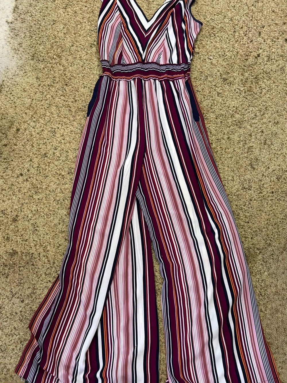 Monteau Berry Multi Stripe V-Neck Wide-Leg Jumpsuit